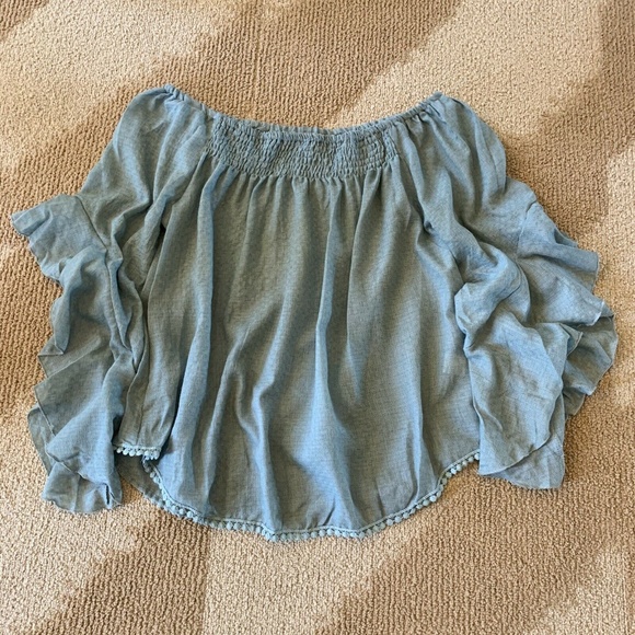 New Off the Shoulder Blue Ruffle Hem Top - Picture 4 of 7